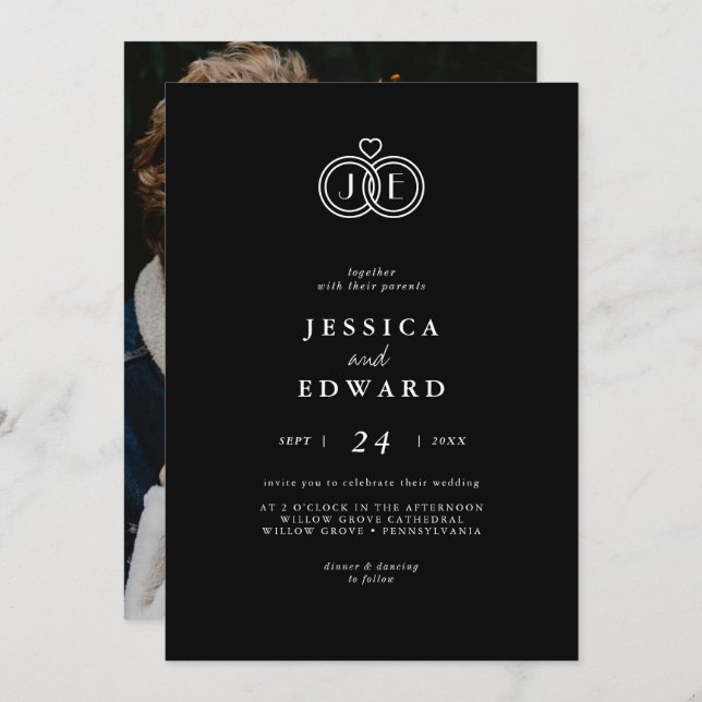 Convite Casamento de Fotografia do Monograma Branco Negro  (Frente/Verso)