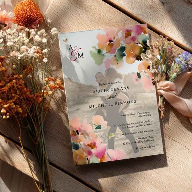 Convite Casamento de Fotografia do Monograma Floral de out (Elegant Autumn Floral Monogram Photo Wedding Invitation)