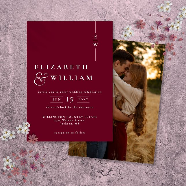 Convite Casamento de Fotografia do Monograma Moderno Elega (Burgundy Modern Elegant Monogram Photo Wedding Invitation)