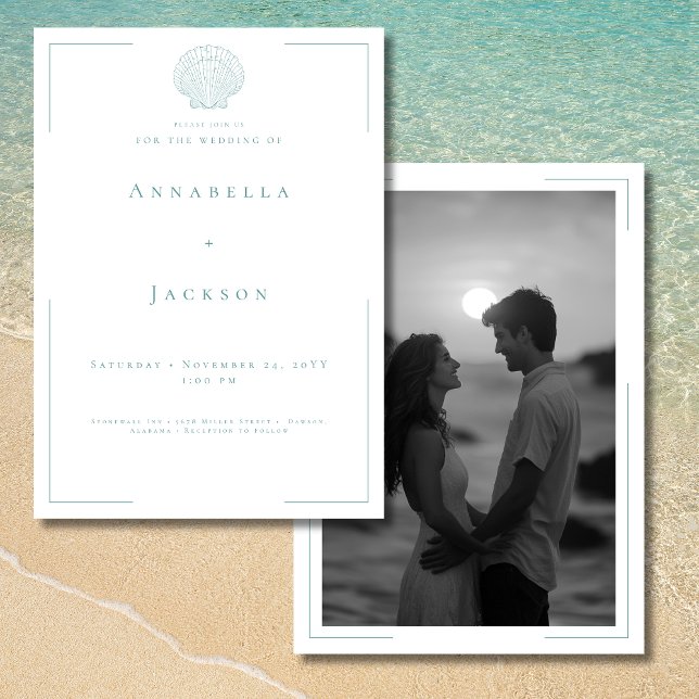 Convite Casamento de Fotografia do Shell Branco da Aqua co (Minimal Typography Aqua White Shell Photo Wedding Invitation)