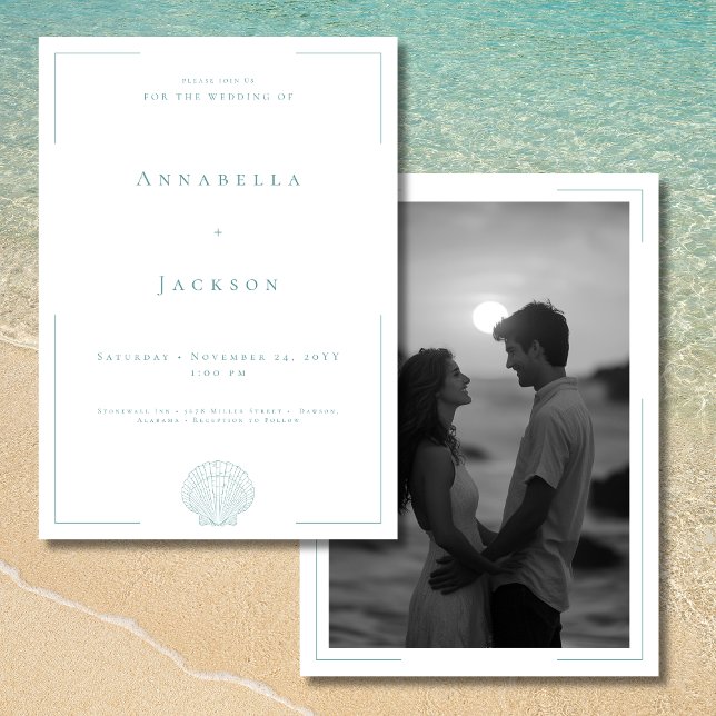 Convite Casamento de Fotografia do Shell Branco da Aqua co (Minimal Typography Aqua White Shell Photo Wedding Invitation)