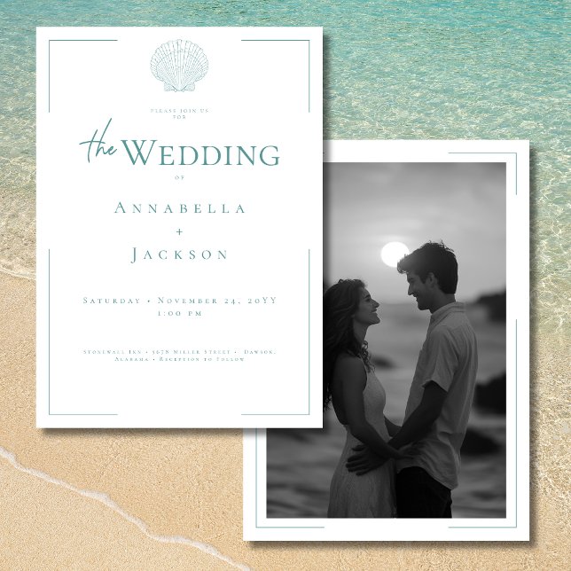 Convite Casamento de Fotografia do Shell Branco da Aqua co (Minimal Typography Aqua White Shell Photo Wedding Invitation)