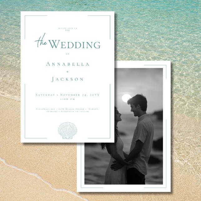 Convite Casamento de Fotografia do Shell Branco da Aqua co (Minimal Typography Aqua White Shell Photo Wedding Invitation)