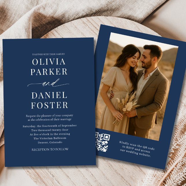 Convite Casamento de Fotografia Elegante do Código QR Azul (Criador carregado)