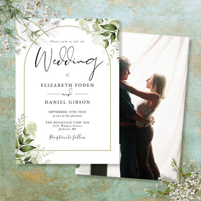 Convite Casamento de Fotografia em Arco Dourado Rustic Gre (Rustic Greenery Elegant Gold Arch Photo Wedding Invitation)