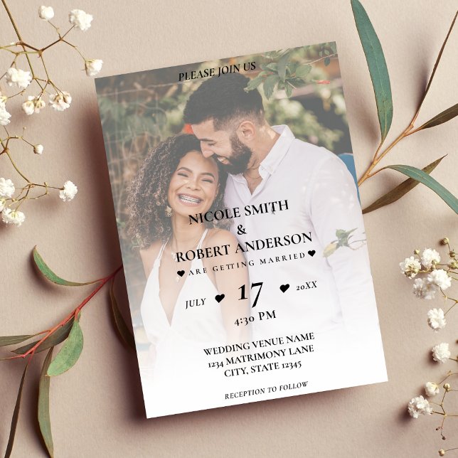 Convite Casamento de Fotografia em Segundo Plano do Simple (Simple White Ombre Background Photo Wedding Invitation)