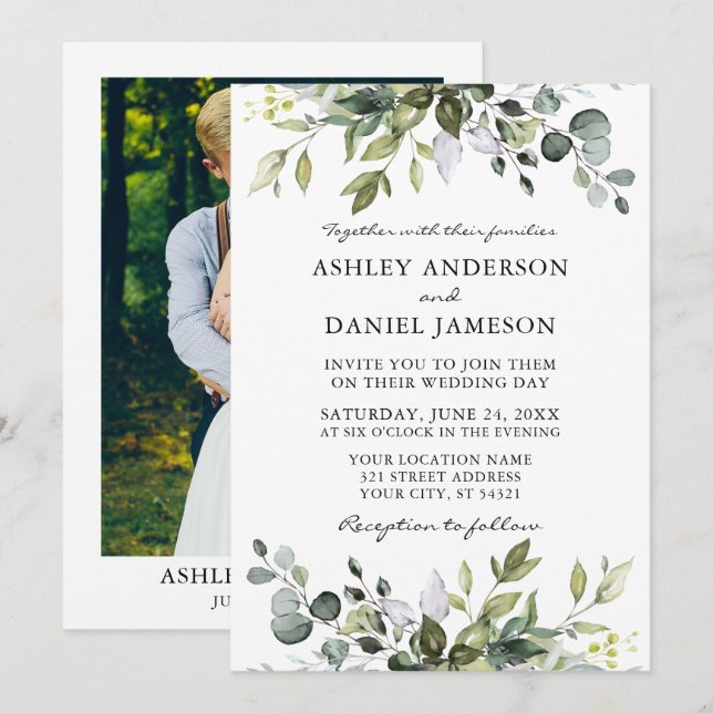 Convite Casamento de Fotografia em Verde Botânico Watercol (Frente/Verso)