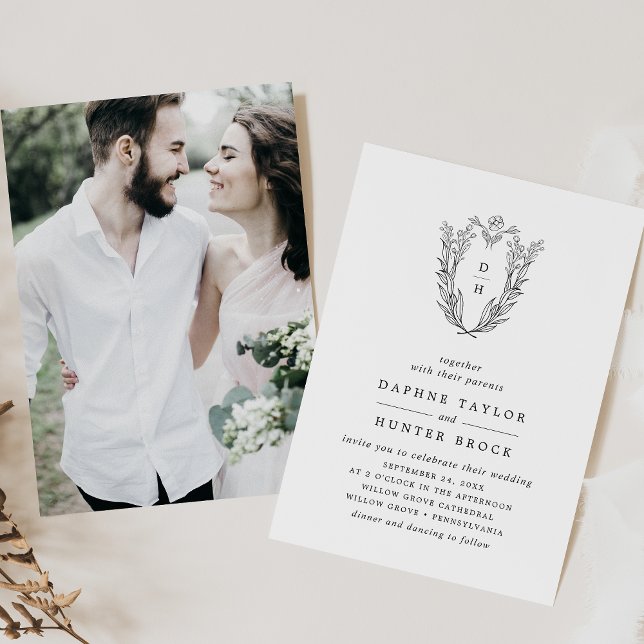 Convite Casamento de Fotografia Floral Branca Negra Clássi (DAPHNE Classic Black White Floral Photo Wedding Invitation)