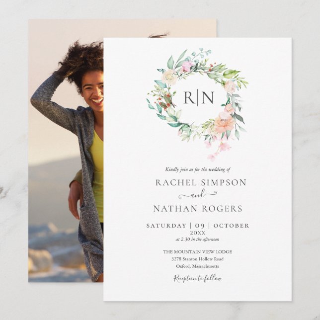 Convite Casamento de Fotografia Floral Greenery Rosas (Frente/Verso)
