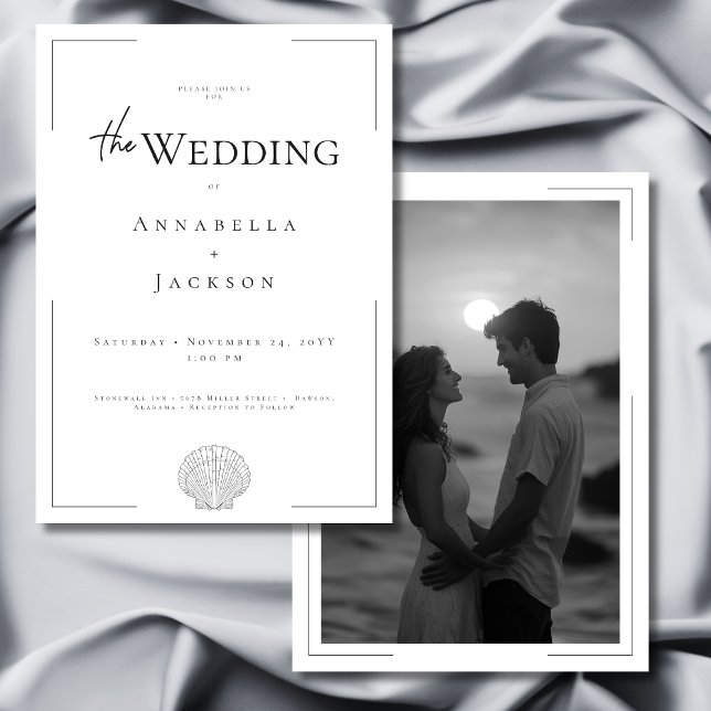 Convite Casamento de Fotografia Mínima da Tipografia Branc (Minimal Typography Black White Shell Photo Wedding Invitation)