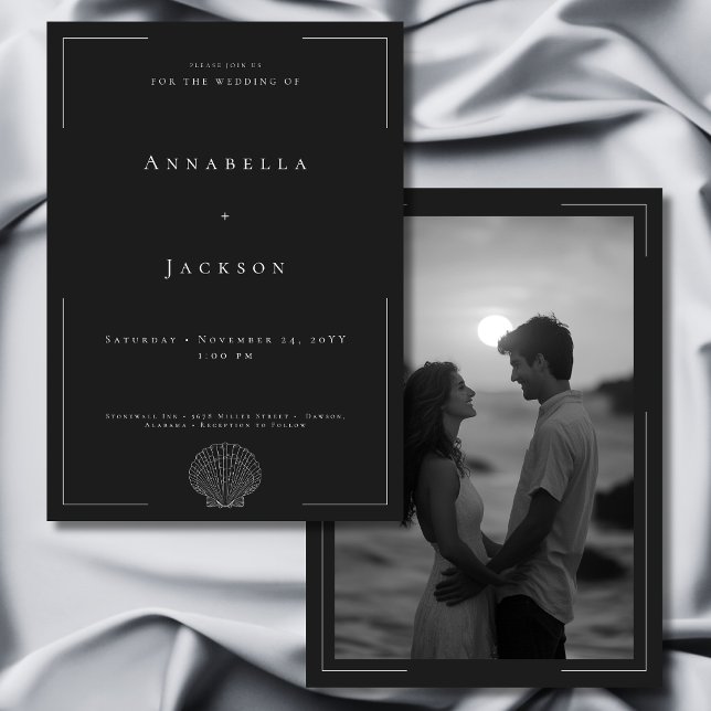 Convite Casamento de Fotografia Mínima da Tipografia Branc (Minimal Typography Black White Shell Photo Wedding Invitation)