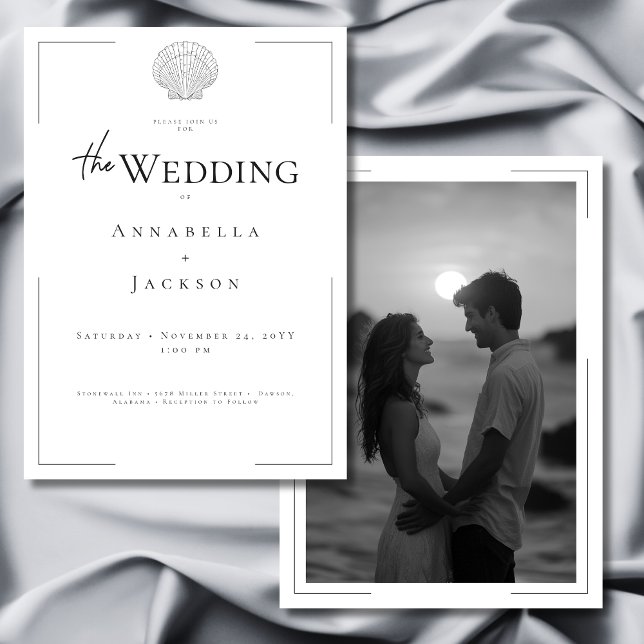 Convite Casamento de Fotografia Mínima da Tipografia Branc (Minimal Typography Black White Shell Photo Wedding Invitation)