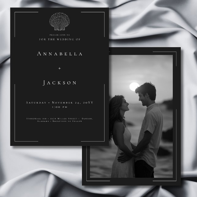 Convite Casamento de Fotografia Mínima da Tipografia Branc (Minimal Typography Black White Shell Photo Wedding Invitation)