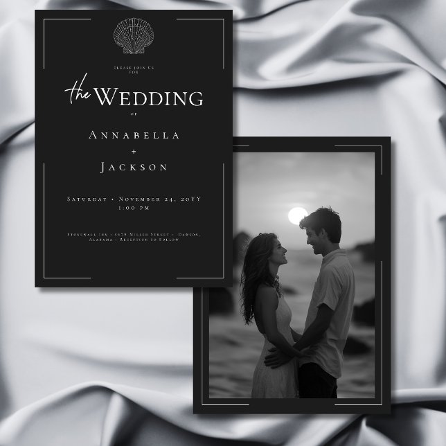 Convite Casamento de Fotografia Mínima da Tipografia Branc (Minimal Typography Black White Shell Photo Wedding Invitation)
