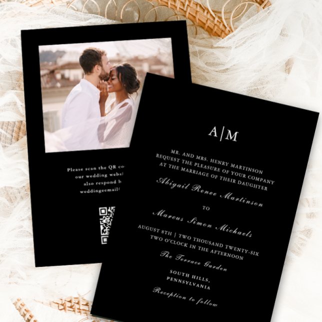 Convite Casamento de Fotografia QR Rsvp do Elegante Black  (Criador carregado)