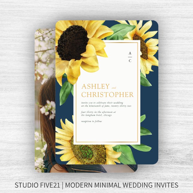 Convite Casamento de Fotografias Azuis de Marinho Rústico  (Criador carregado)