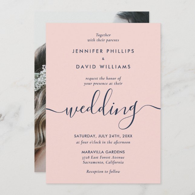 Convite Casamento de Fotografias Azul e Blush do Marinho M (Frente/Verso)