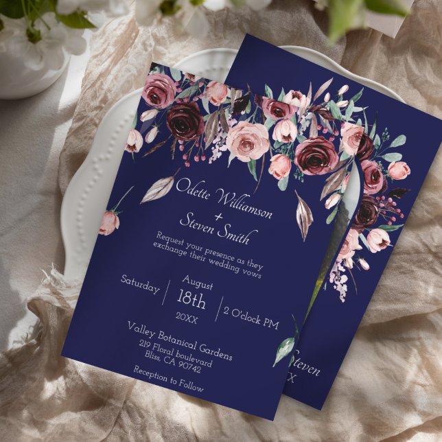 Convite Casamento de Fotografias Botânicas Azul e Borgonha (Elegant Navy Blue and Burgundy Blush Floral Wedding Invitation with Photo Arch)