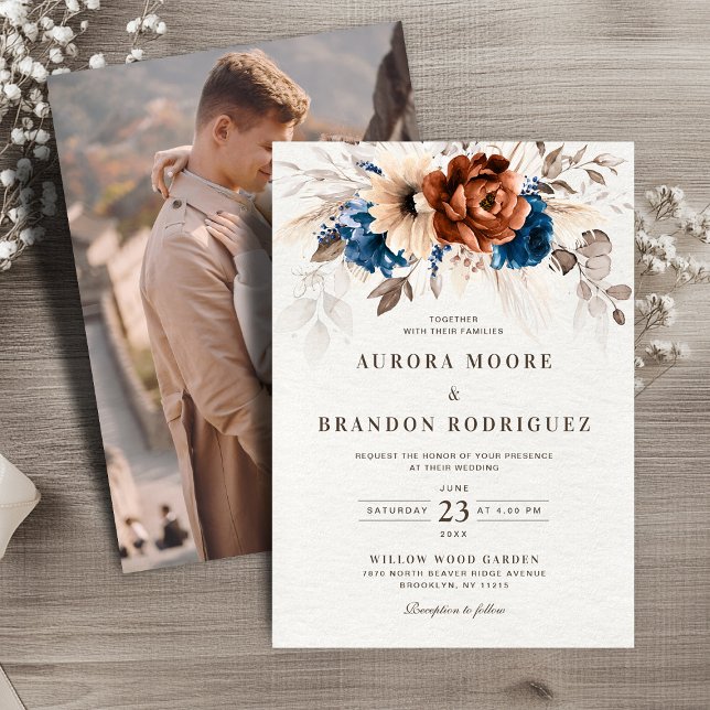 Convite Casamento de Fotografias Botânicas Azul Marinho Te (Terracotta Navy Blue Botanical Photo Wedding Invitation)