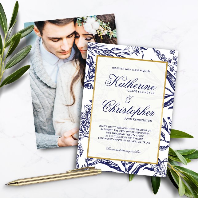 Convite Casamento de Fotografias Botânicas Douradas Azul-M (Elegant Navy Blue Gold Botanical Photo Wedding Invitations)