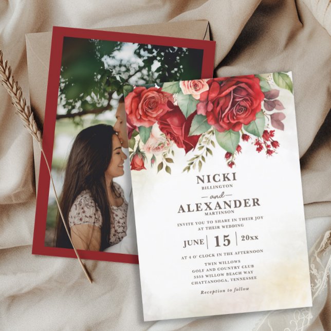 Convite Casamento de Fotografias Botânicas Florais Do Rosa (Elegant red roses photo wedding invitation)