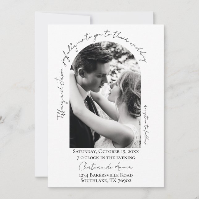 Convite Casamento de Fotografias com Arch de Script Modern (Frente)
