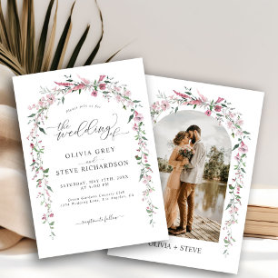 Convite Casamento de Fotografias com Arco Floral Rosa-Rosa