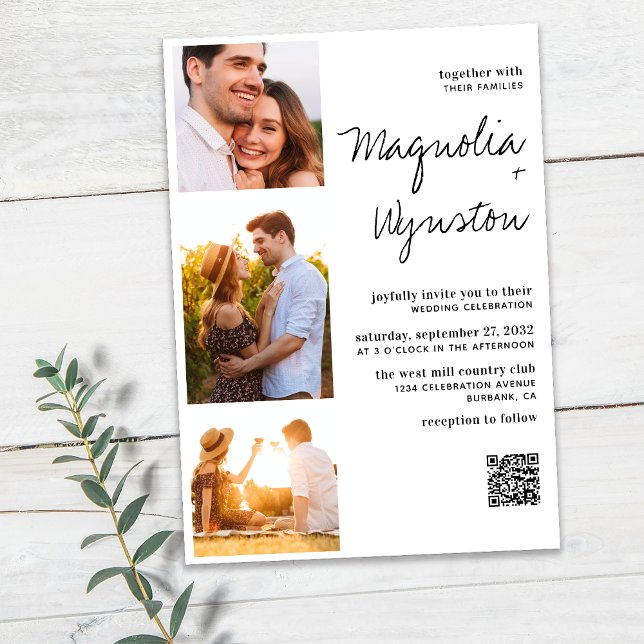 Convite Casamento de Fotografias com Código QR Moderno Sim (Criador carregado)