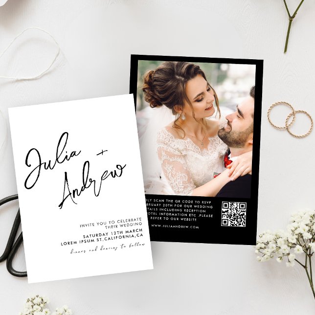 Convite Casamento de Fotografias com Código QR Preto e Bra (Criador carregado)