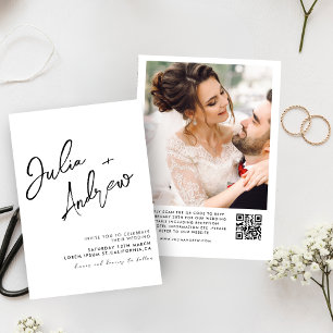 Convite Casamento de Fotografias com Código QR Preto e Bra