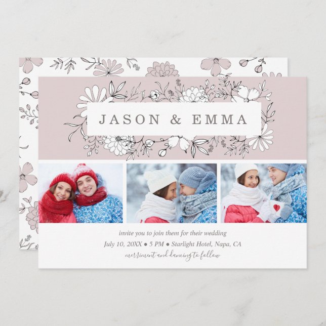 Convite Casamento de Fotografias com Frame Floral Dusty Ro (Frente/Verso)