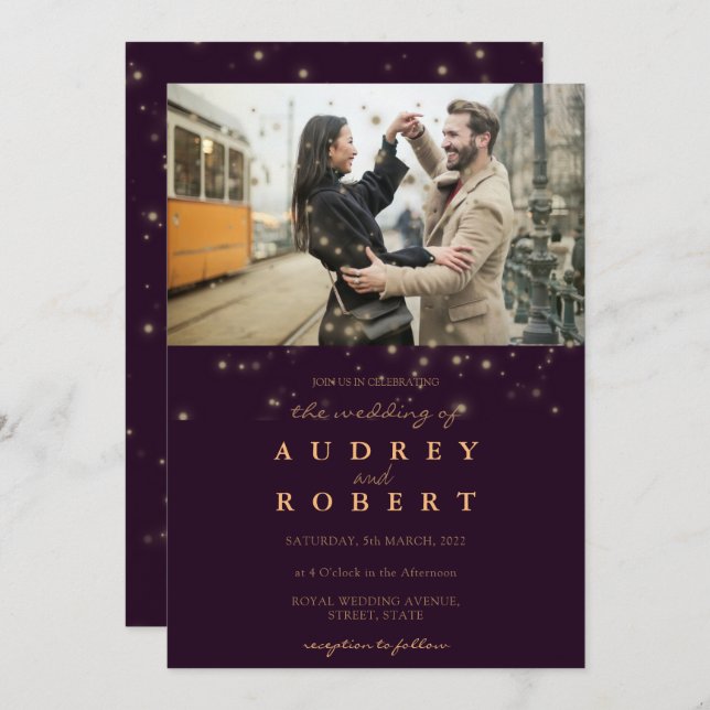 Convite Casamento de Fotografias com Glitter Burgundy Dour (Frente/Verso)