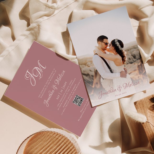 Convite Casamento de Fotografias com Rosa Dusty de Script  (Criador carregado)