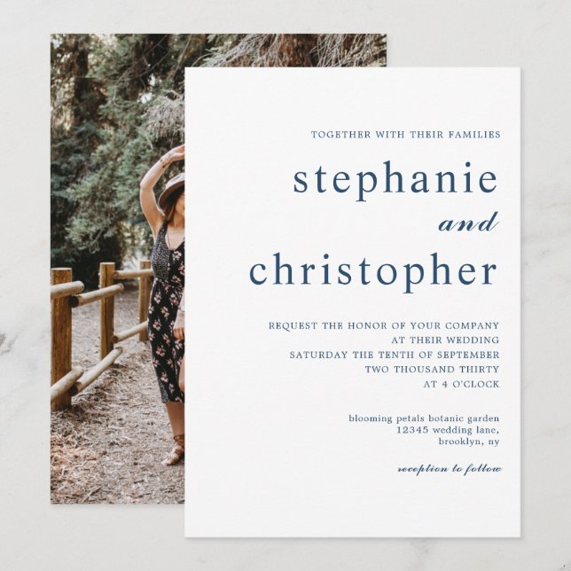 Convite Casamento de Fotografias com Script Azul Moderno M (Frente/Verso)