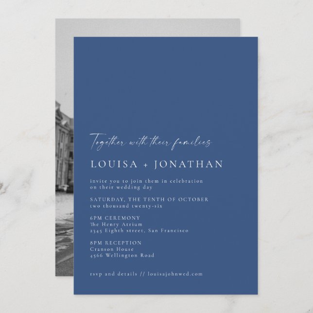 Convite Casamento de Fotografias com Script Branco Azul-Ch (Frente/Verso)