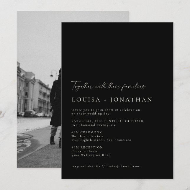 Convite Casamento de Fotografias com Script Chic Black Mod (Frente/Verso)