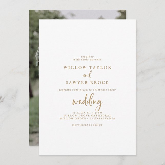 Convite Casamento de Fotografias com Script Dourado Rustic (Frente/Verso)