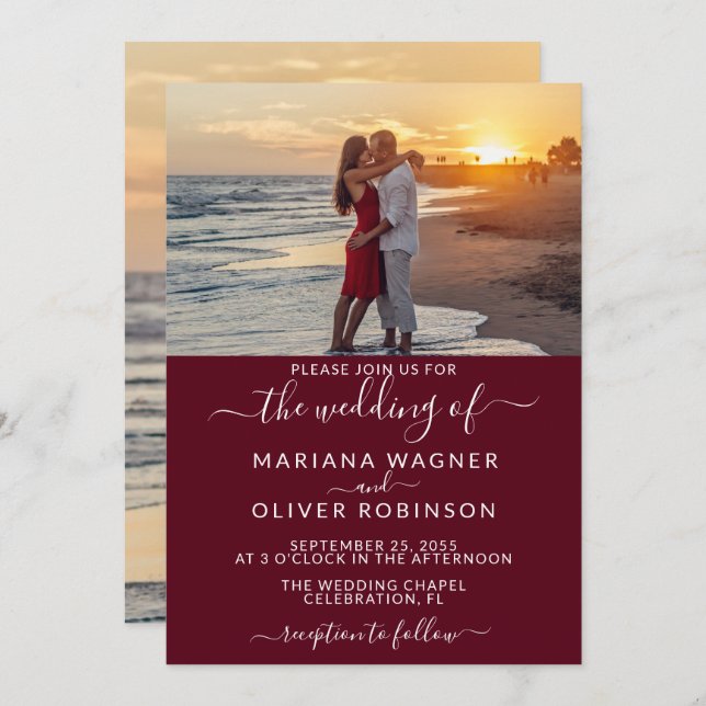 Convite Casamento de Fotografias com Script Elegante Burgu (Frente/Verso)