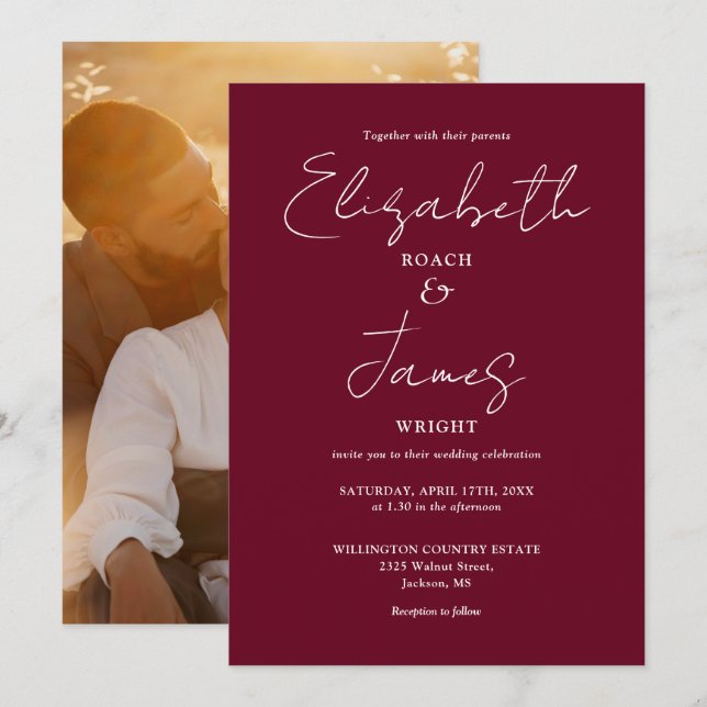 Convite Casamento de Fotografias com Script Minimalista Bu (Frente/Verso)