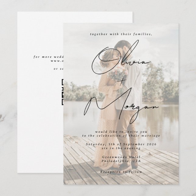 Convite Casamento de Fotografias com Script Minimalista Mo (Frente/Verso)
