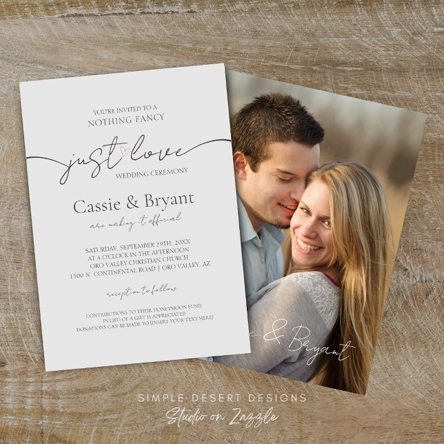Convite Casamento de Fotografias com Script Moderno Elegan (Minimal Light Grey Wedding Invitation with Modern Script and Photo Back)