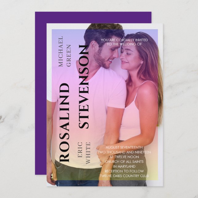 Convite Casamento de Fotografias com Sobreposição Púrpura  (Frente/Verso)