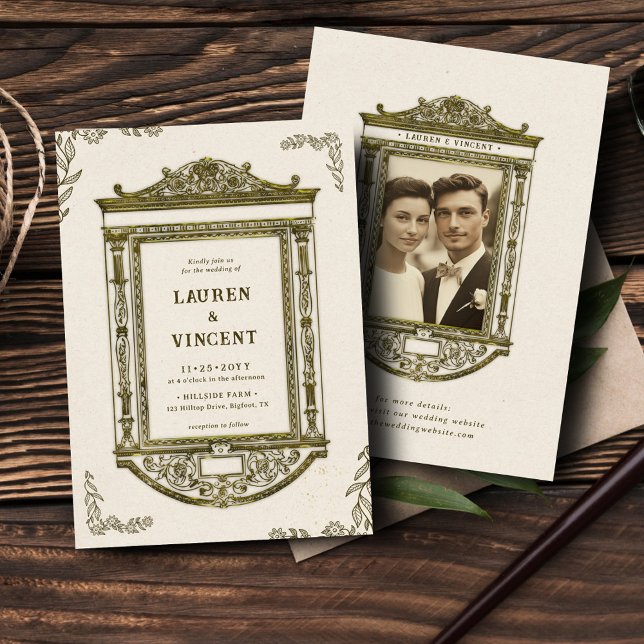 Convite Casamento de Fotografias de Frame Dourado com Orna (Criador carregado)