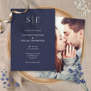 Convite Casamento De Fotografias De Monograma Azul E Doura