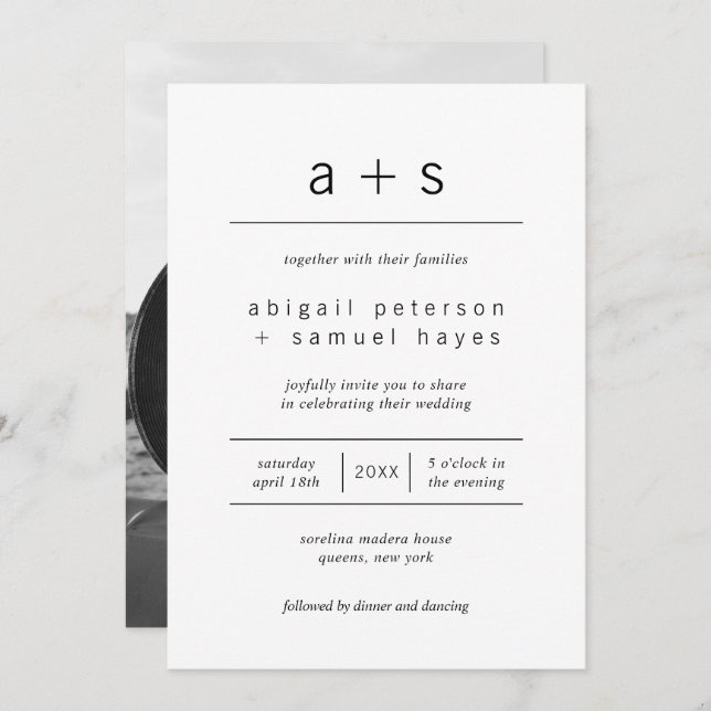 Convite Casamento de Fotografias de Monograma Branco e Pre (Frente/Verso)