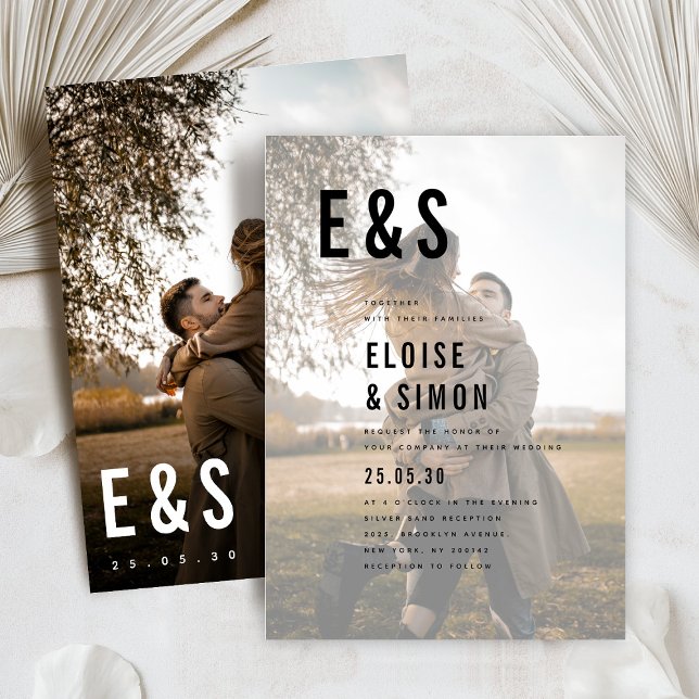 Convite Casamento de Fotografias de Monograma de Grande Ne (Modern Minimalist Big Bold Monogram simple classic  Photo Wedding Invitation)