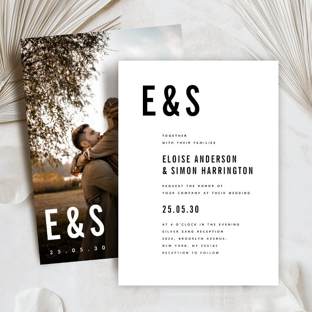 Convite Casamento de Fotografias de Monograma de Grande Ne (Modern Minimalist Big Bold Monogram Simple Classic Photo Wedding Invitation)