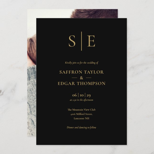 Convite Casamento De Fotografias De Monograma Dourado E Pr (Frente/Verso)