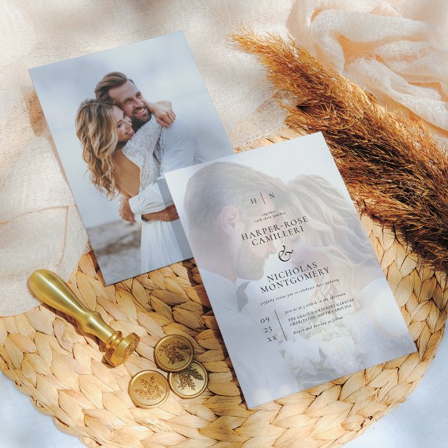 Convite Casamento de Fotografias de Monograma Preto Delica (Criador carregado)