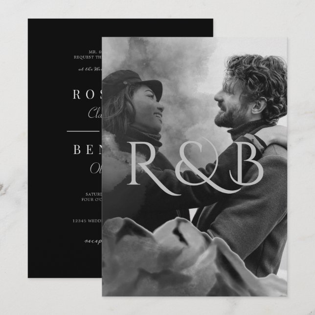 Convite Casamento de Fotografias de Monogramas Black and W (Frente/Verso)